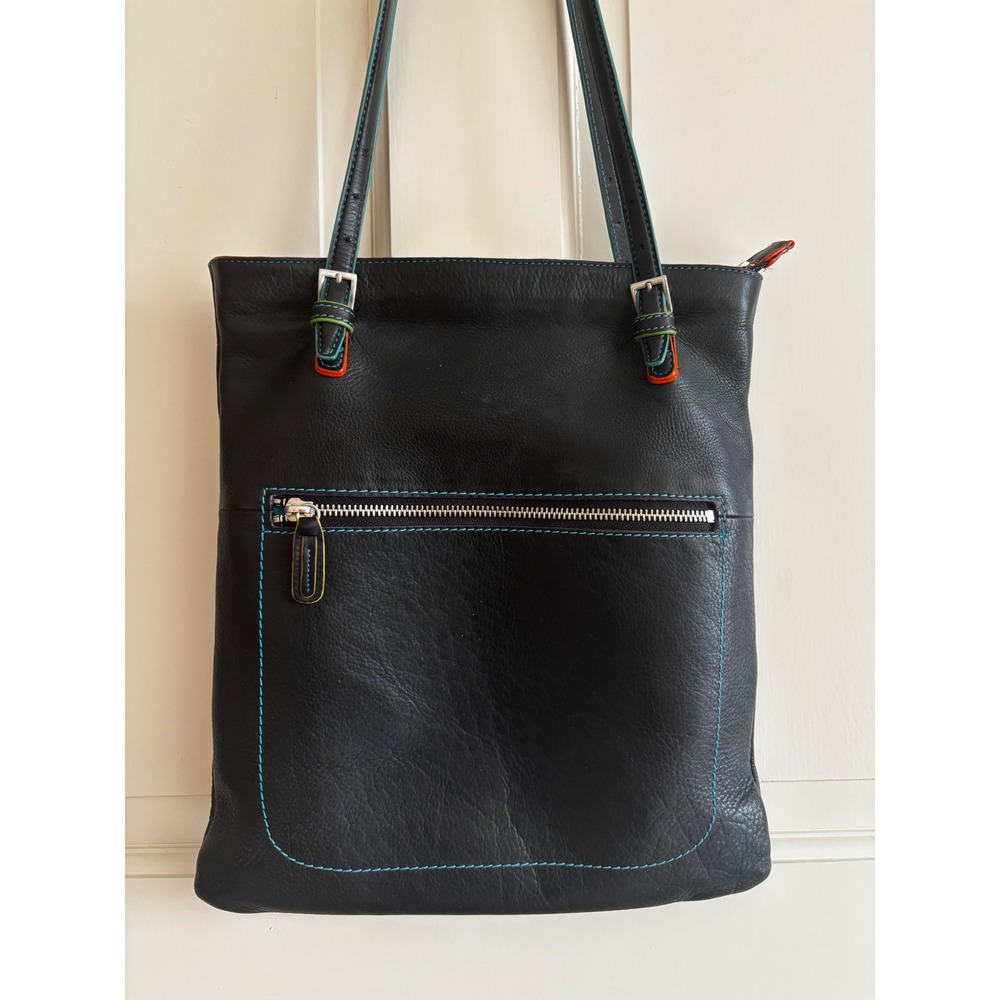 Mywalit Black Leather Tote Bag Multicolor Contrast Stitching Shoulder Bag